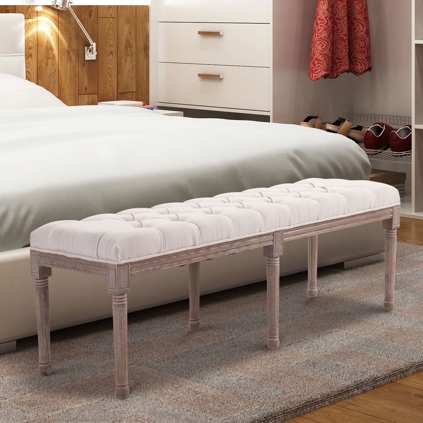 Stool Bench 3 Person Chic Button Tufted  Bedside Seat End Hallway