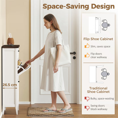 Shoe Cabinet with 2 Flip Drawers, Farmhouse Narrow Shoe Storage Cabinet with Adjustable Shelves, Storage Drawer, Freestanding for Entryway, Hallway, Living Room, Holds 8-12 Pairs, White