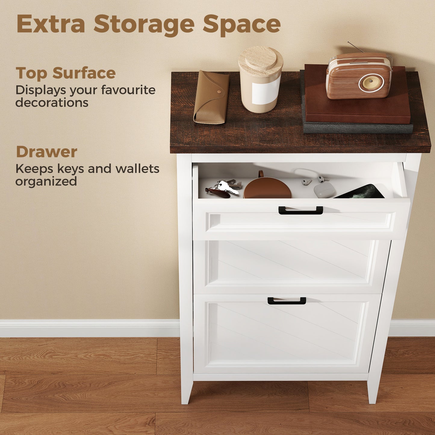 Shoe Cabinet with 2 Flip Drawers, Farmhouse Narrow Shoe Storage Cabinet with Adjustable Shelves, Storage Drawer, Freestanding for Entryway, Hallway, Living Room, Holds 8-12 Pairs, White