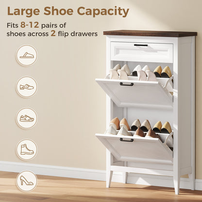 Shoe Cabinet with 2 Flip Drawers, Farmhouse Narrow Shoe Storage Cabinet with Adjustable Shelves, Storage Drawer, Freestanding for Entryway, Hallway, Living Room, Holds 8-12 Pairs, White
