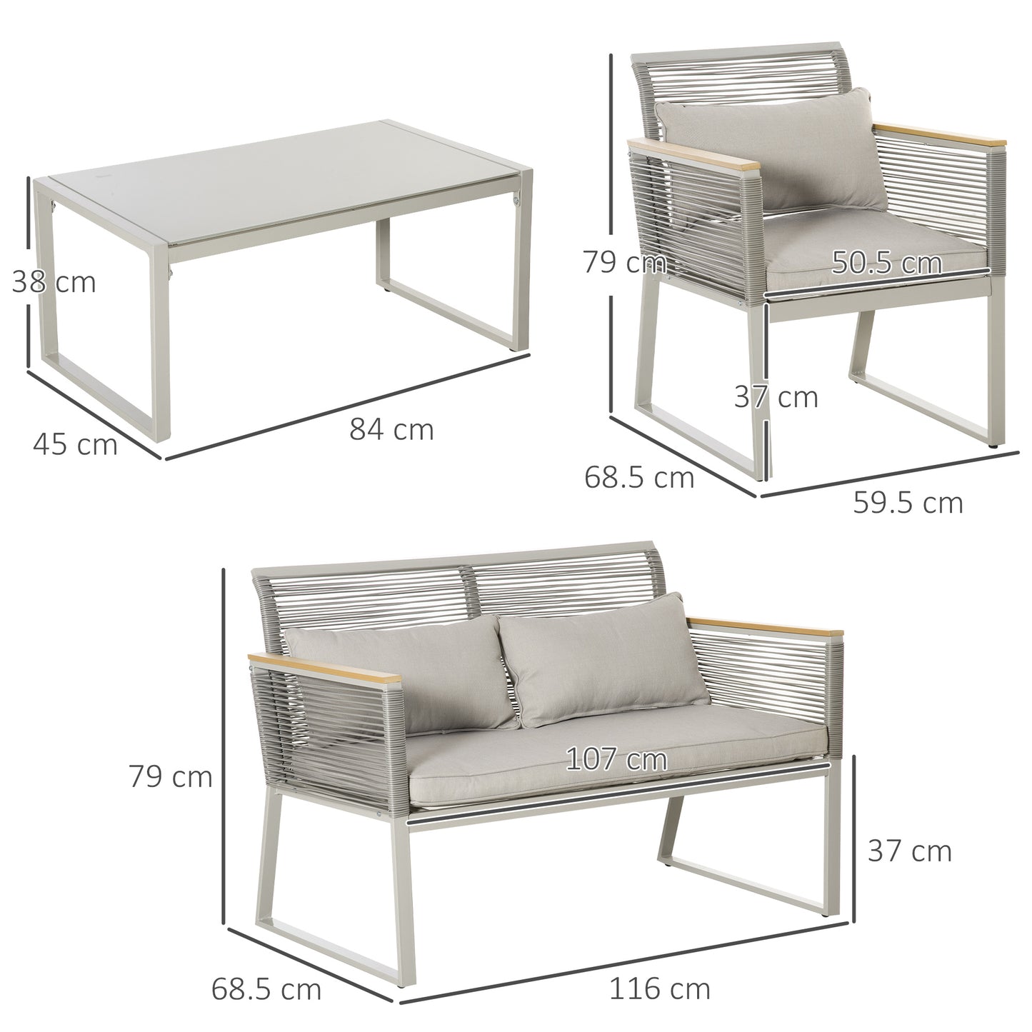 4-Seater Patio Wicker Sofa Set, Outdoor Metal Frame Wrapped Round PE Rattan Conservatory Furniture w/ Cushions, Tempered Glass Table, Grey