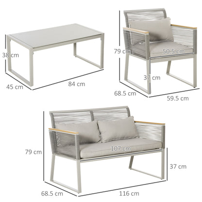 4-Seater Patio Wicker Sofa Set, Outdoor Metal Frame Wrapped Round PE Rattan Conservatory Furniture w/ Cushions, Tempered Glass Table, Grey