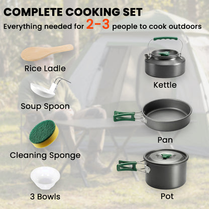 Camping Cookware Set for 2-3 People, Camping Cooking Kit, Grey