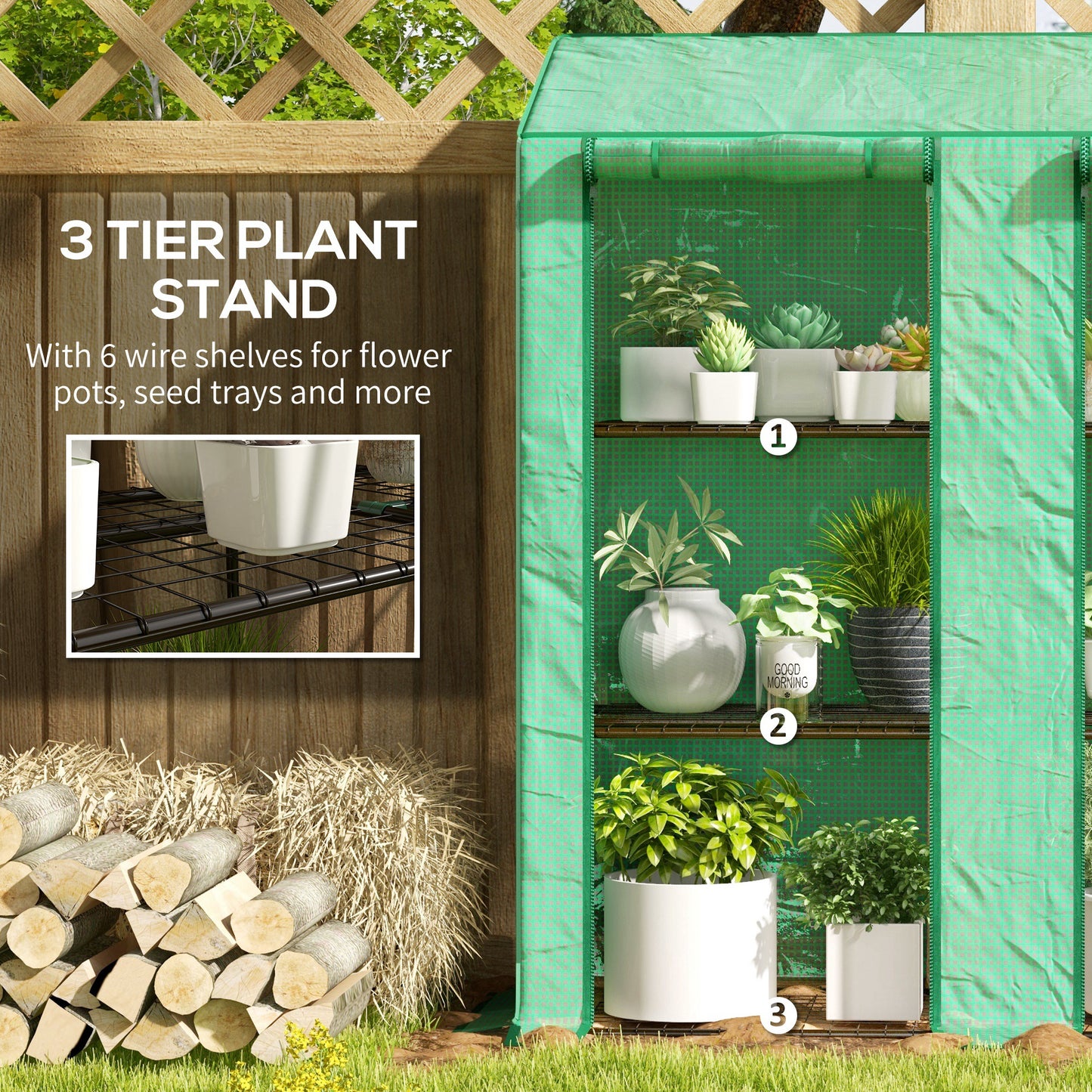 Mini Green House with 3 Tier Shelves, 151H x 143W x 46Dcm, Green