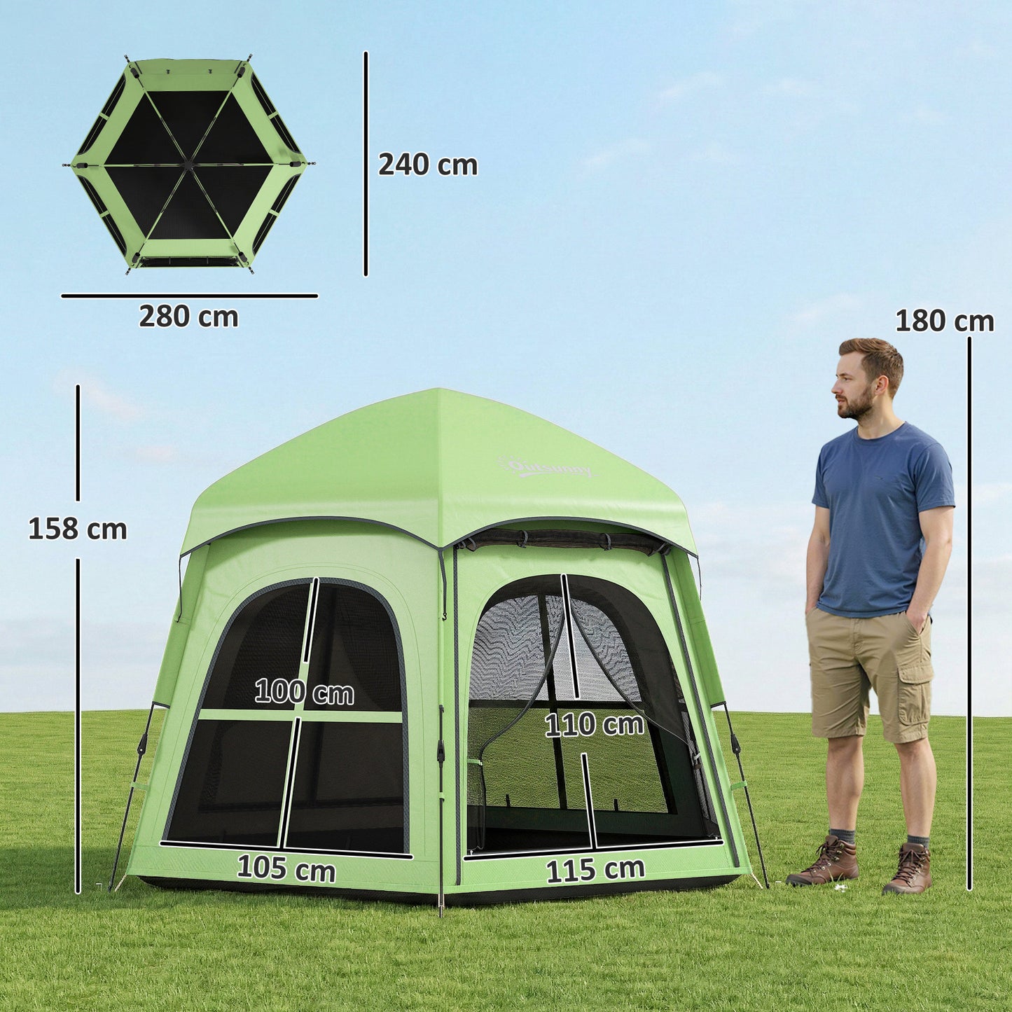 Pop Up Tent 3000mm Waterproof for 3-4 Person Green