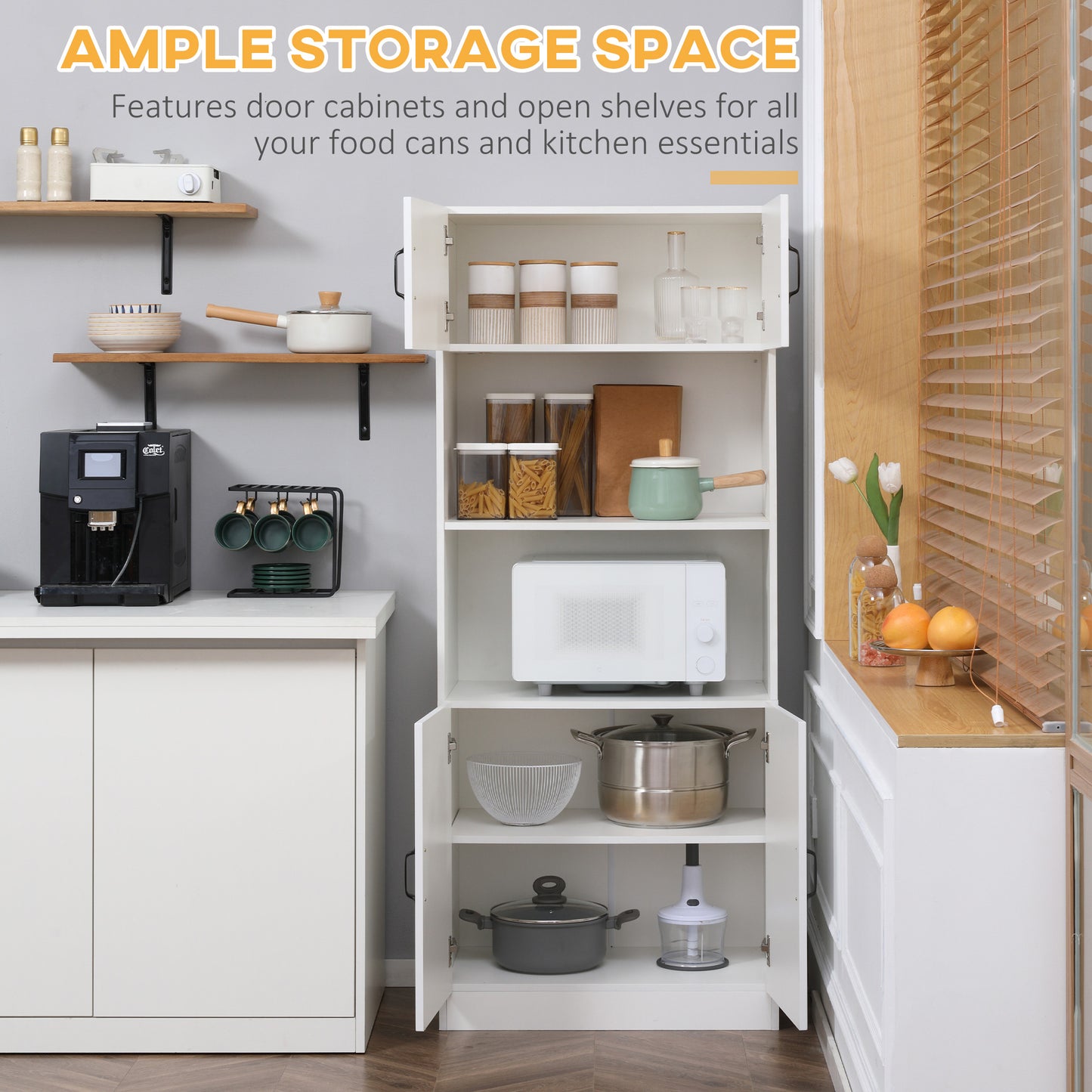 Kitchen Cupboard, 5-Tier Storage Cabinet with Adjustable Bottom Shelf, Open Microwave Countertop, White