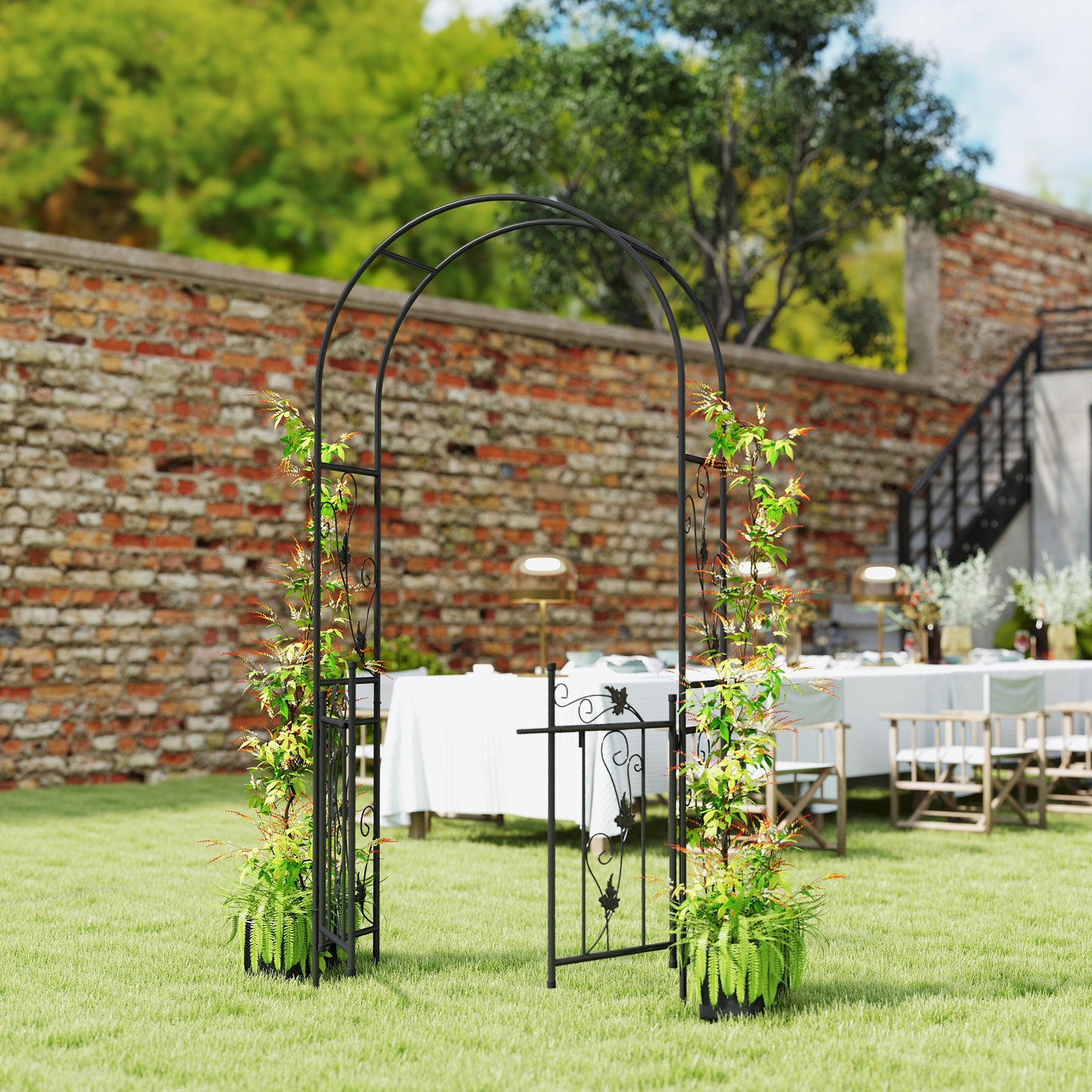 2.17m Steel Garden Arch with Double Gate, Garden Arbor Trellis, Black