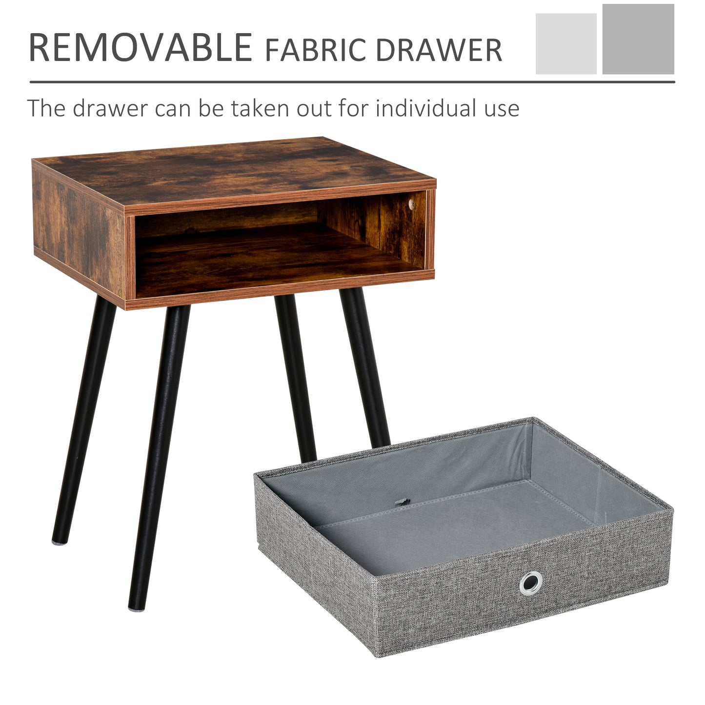 Side Table, Nightstand, End Table with Removable Fabric Drawer, Retro Style Accent Furniture with Wooden Legs, Rustic Brown and Black