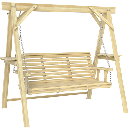 3 Seater Wooden Garden Swing Chair with Side Tables