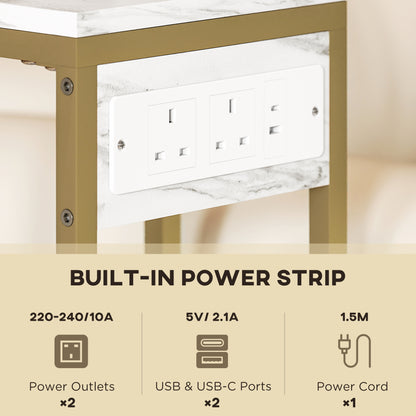 C Shaped Side Table, Faux Marble Bedside Table with Charging Station