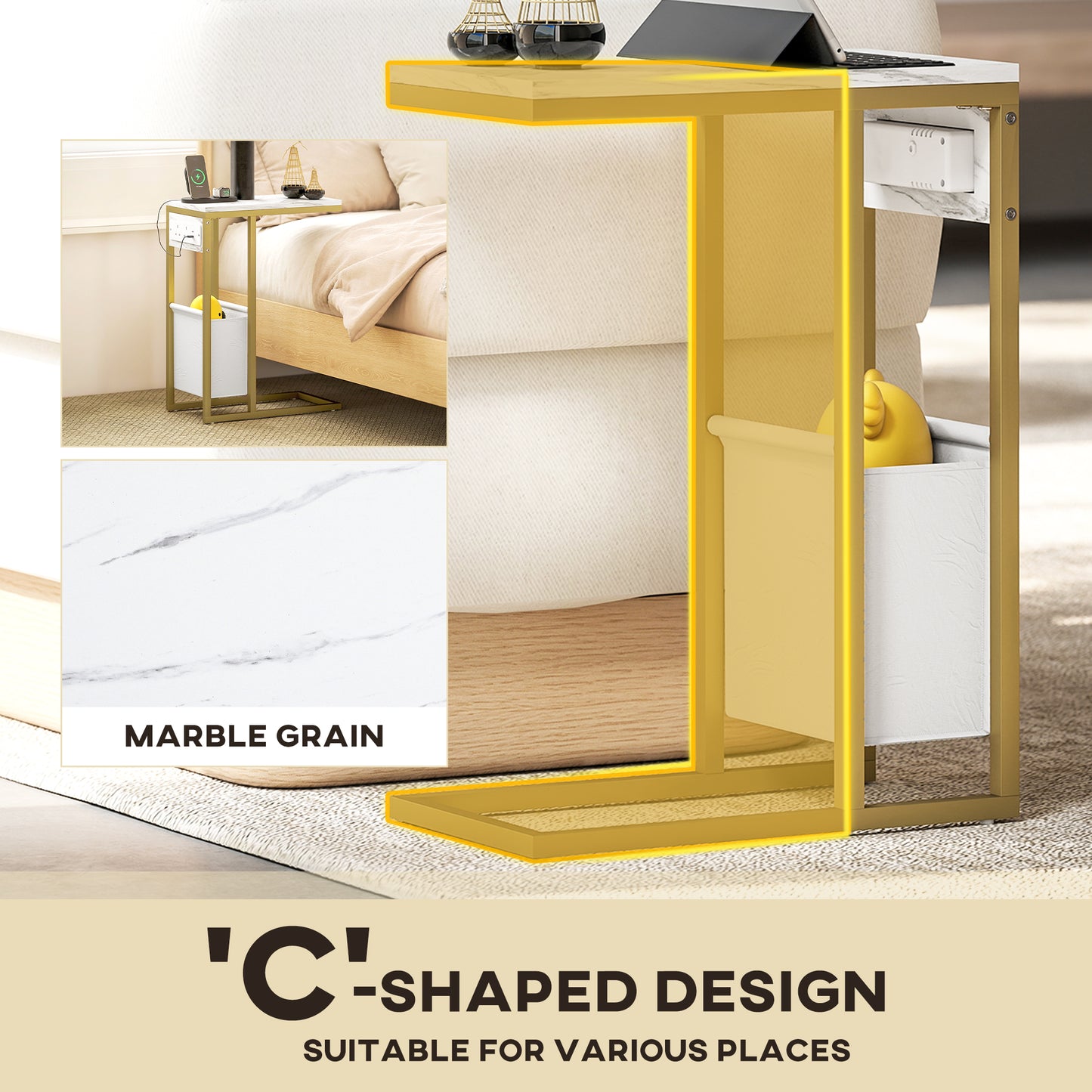 C Shaped Side Table, Faux Marble Bedside Table with Charging Station