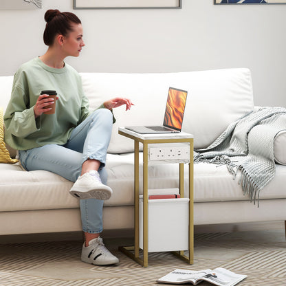 C Shaped Side Table, Faux Marble Bedside Table with Charging Station