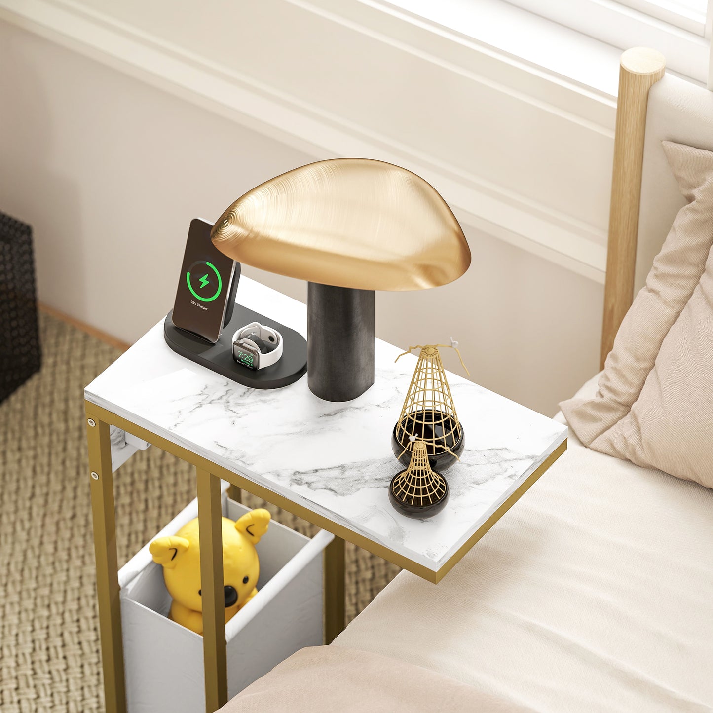 C Shaped Side Table, Faux Marble Bedside Table with Charging Station