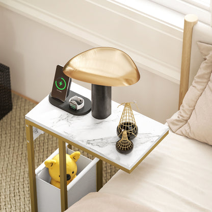 C Shaped Side Table, Faux Marble Bedside Table with Charging Station