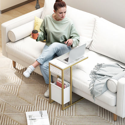 C Shaped Side Table, Faux Marble Bedside Table with Charging Station