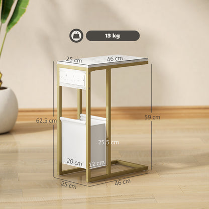 C Shaped Side Table, Faux Marble Bedside Table with Charging Station