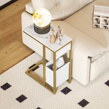 C Shaped Side Table, Faux Marble Bedside Table with Charging Station