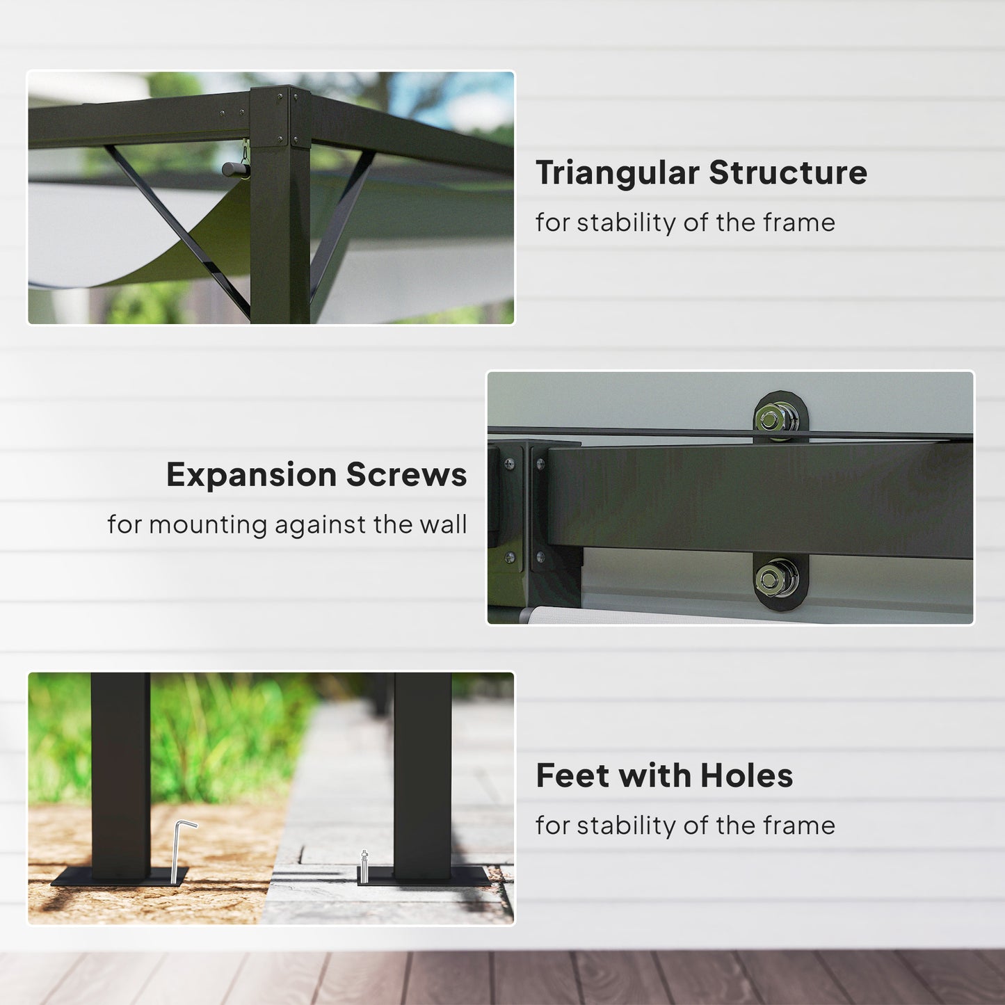 3 x 3(m) Outdoor Pergola Retractable Canopy Wall Mounted, Grey