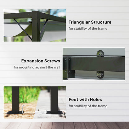 3 x 3(m) Outdoor Pergola Retractable Canopy Wall Mounted, Grey