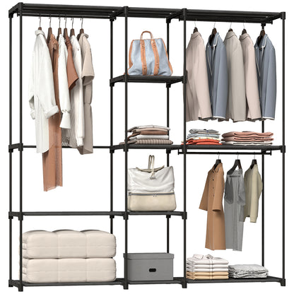 Portable Wardrobe, Open Clothes Wardrobe with 8 Shelves, 3 Hanging Rails, Freestanding Coat Rack Organiser, 182 x 43 x 185cm, Black