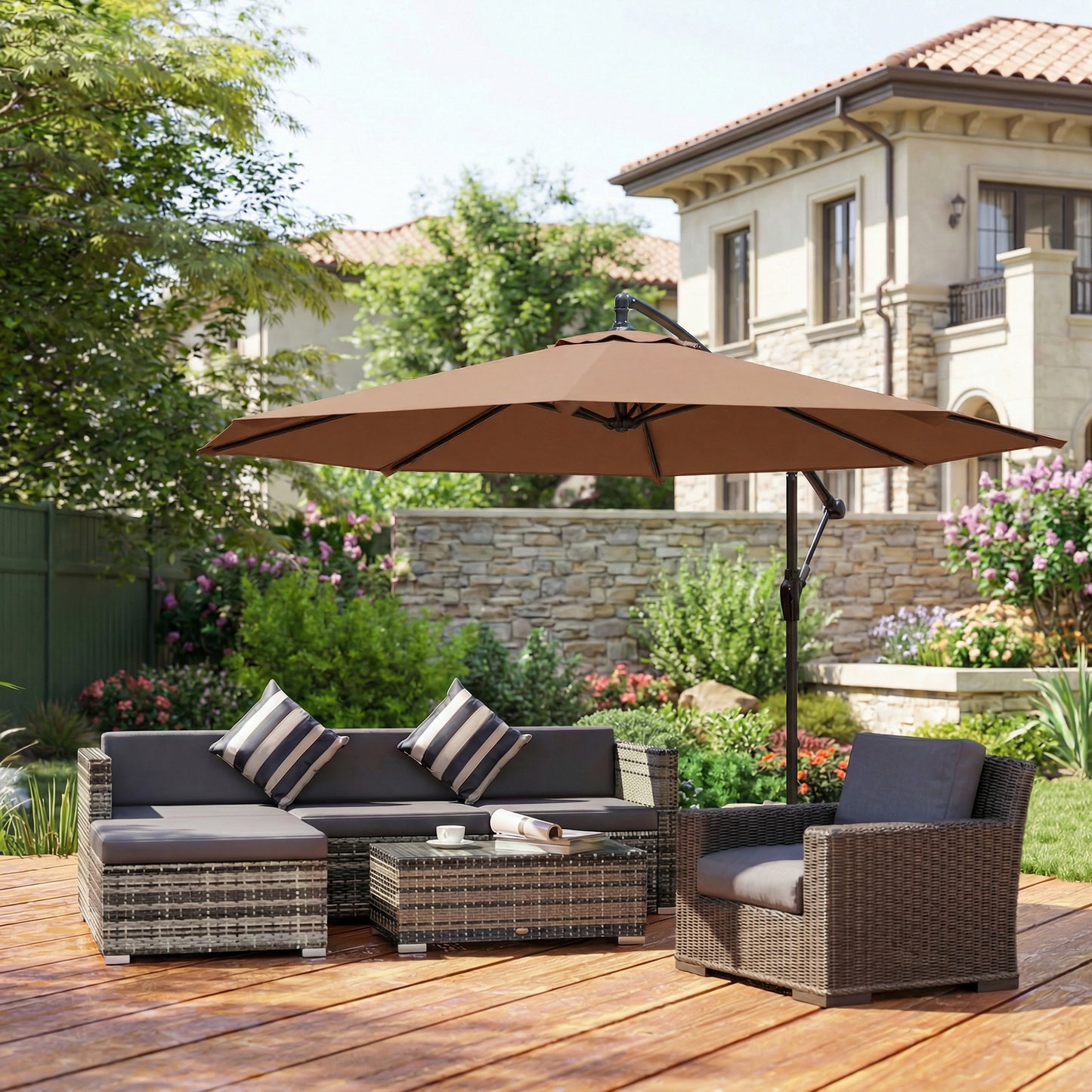 3(m) Garden Banana Parasol Cantilever Umbrella w/ Base, Coffee