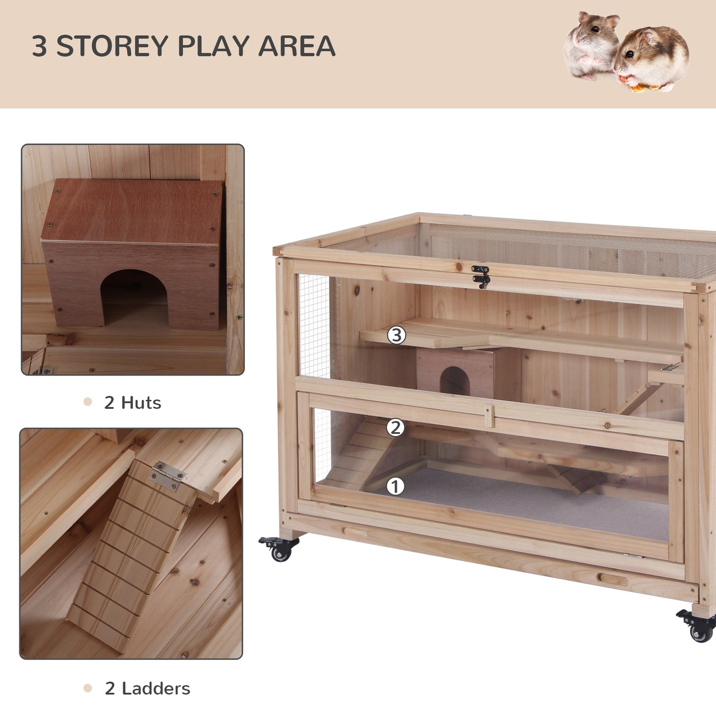 Wooden Hamster Cage, 3-Tier Roden Small Animals Hutch, 99 x 50 x 69 cm