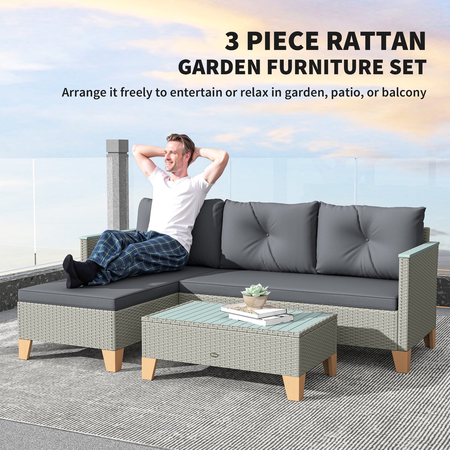 L Shaped Garden Conversation Chaise Lounge Furniture, Charcoal Grey