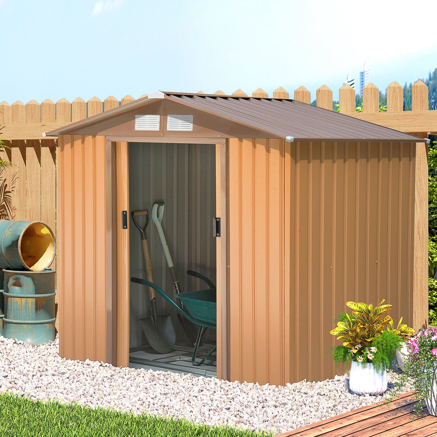 Outsunny 7ft x 4ft Lockable Garden Metal Storage Shed Large Patio Roofed Tool Storage Building Foundation Sheds Box Outdoor Furniture, Yellow
