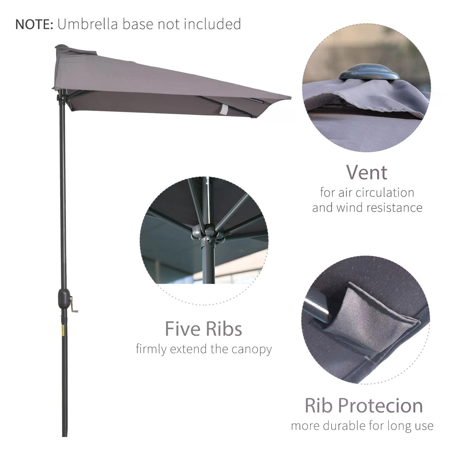 Balcony Half Parasol Semi Round Umbrella Patio Crank Handle (2.3m, Grey)- NO BASE INCLUDED