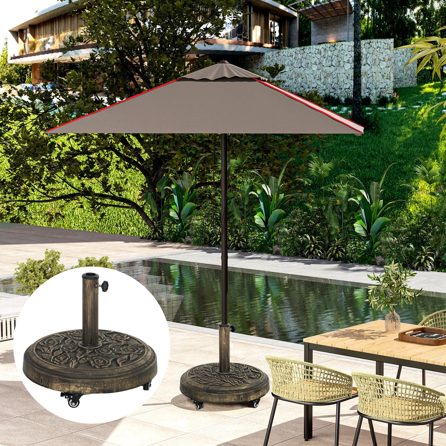 Parasol Base with Wheels, Floral Rose Pattern, Bronze