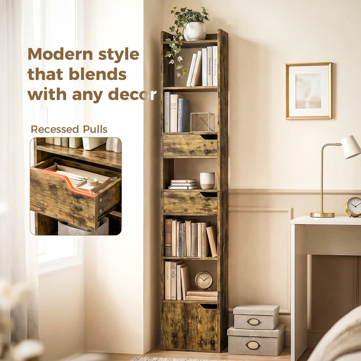 Bookcase with Drawers and Cabinet, 5-Tier Bookshelf, Narrow Tall Storage Cabinet with Anti-Tip for Living Room, Study, Home Office, Rustic Brown