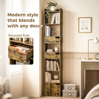 Bookcase with Drawers and Cabinet, 5-Tier Bookshelf, Narrow Tall Storage Cabinet with Anti-Tip for Living Room, Study, Home Office, Rustic Brown