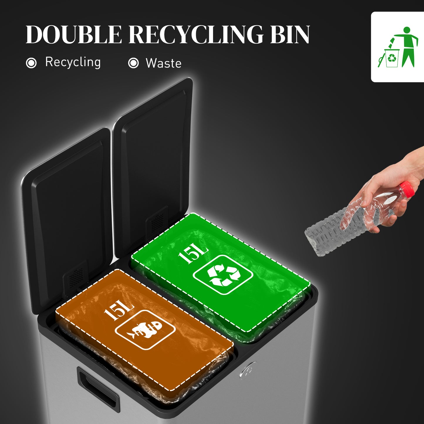 2x15L Dual Kitchen Bin Pedal Bin for Recycling and Waste, Silver Tone
