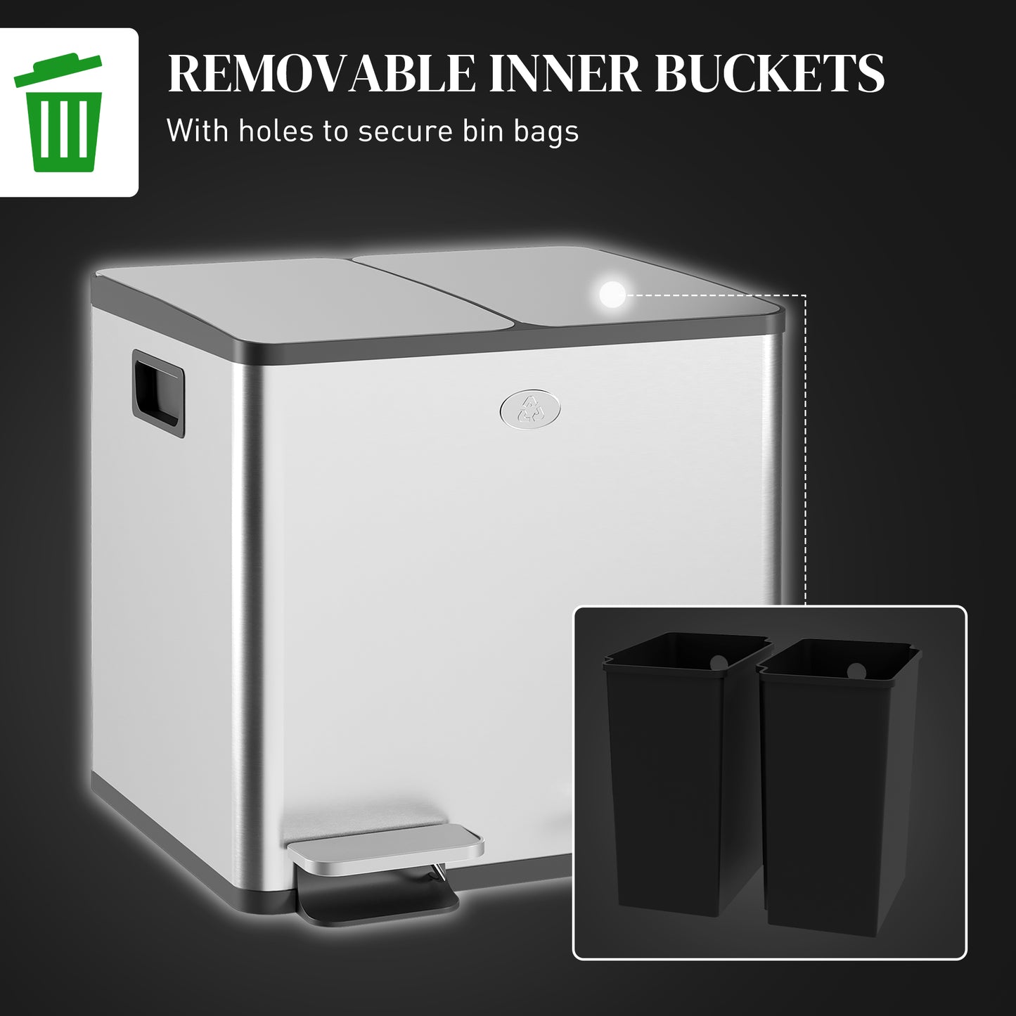 2x15L Dual Kitchen Bin Pedal Bin for Recycling and Waste, Silver Tone