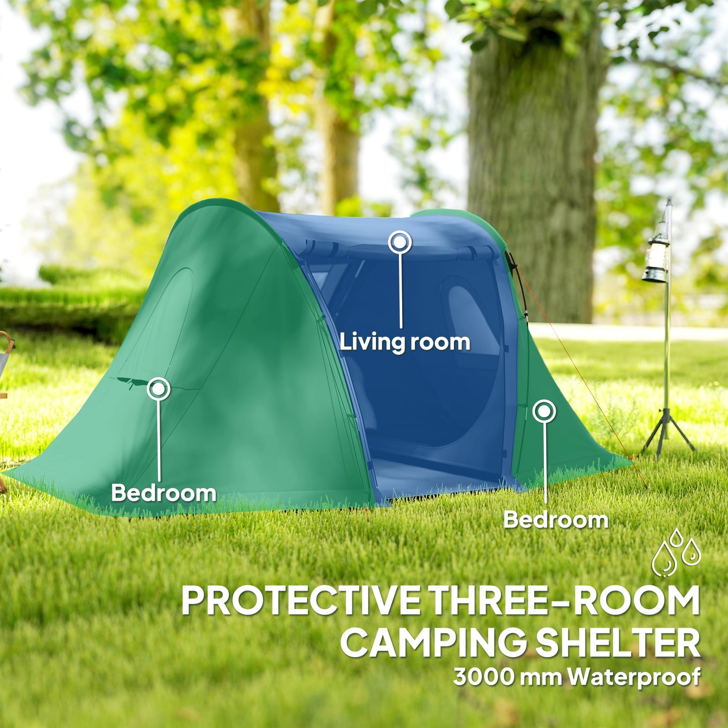 3 Man Camping Tent with 2 Bedrooms, 3000mm Waterproof, Grey