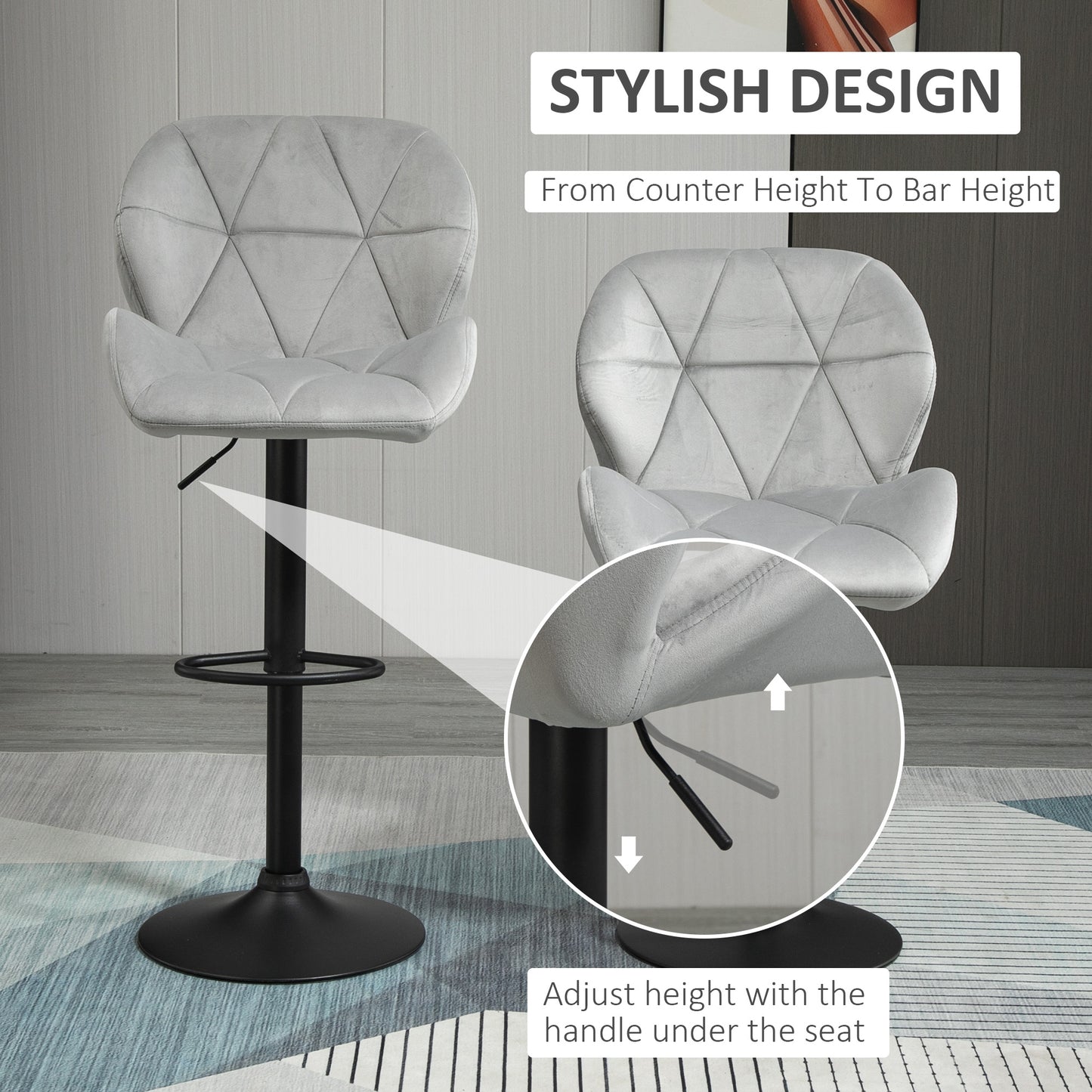 Bar Stool Set of 2 Fabric Adjustable Height Counter Chairs Light Grey