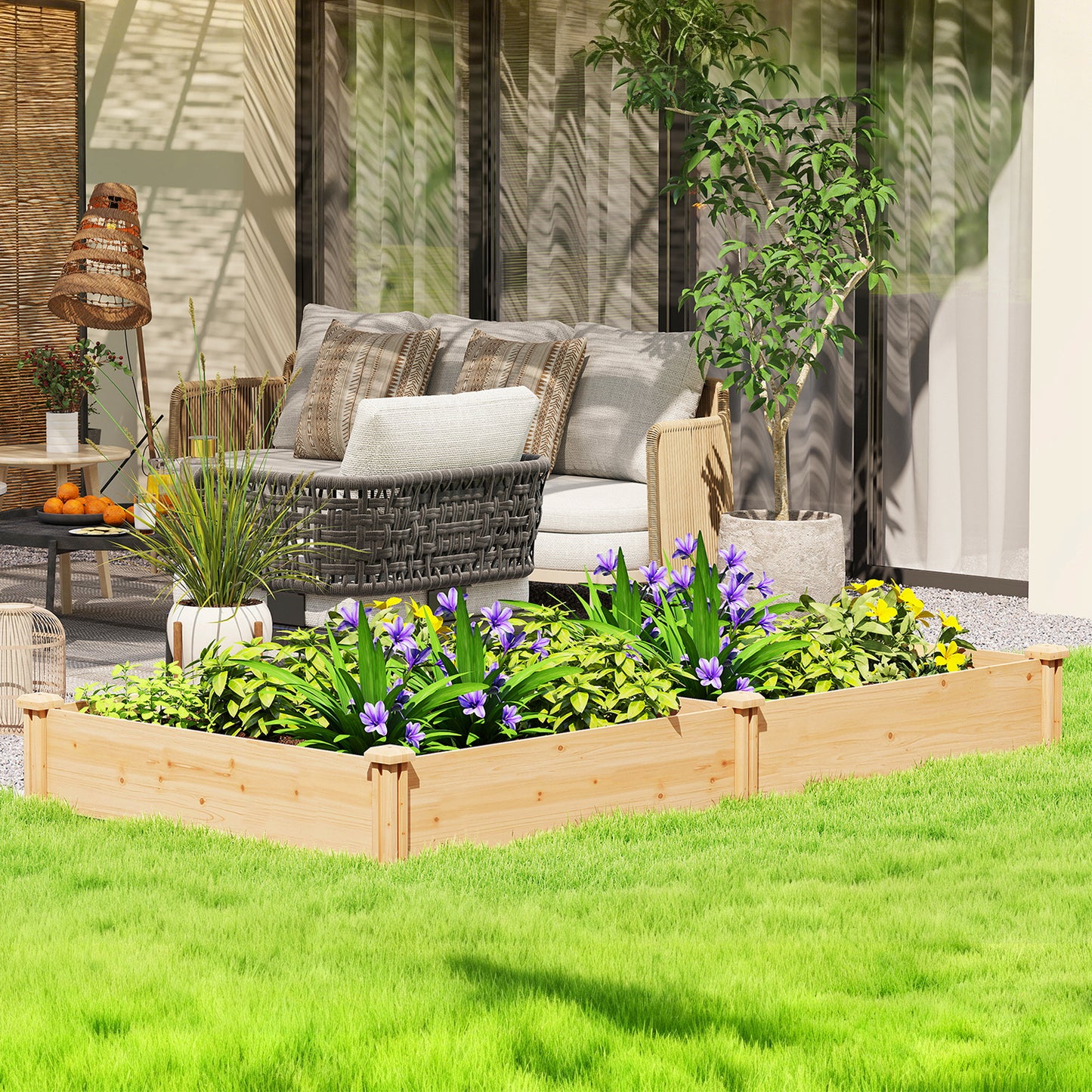 Raised Garden Bed, Wooden Planter Box with Divider and Open Bottom