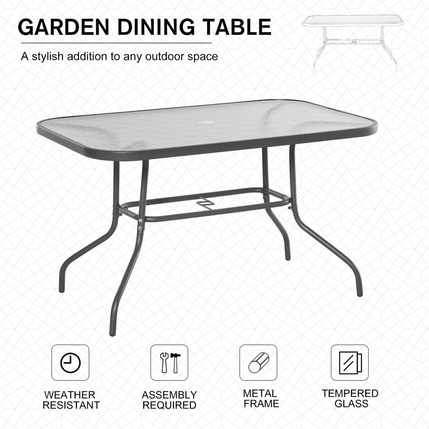 Metal Garden Dining Table Outdoor Patio w/ Glass, Umbrella Hole