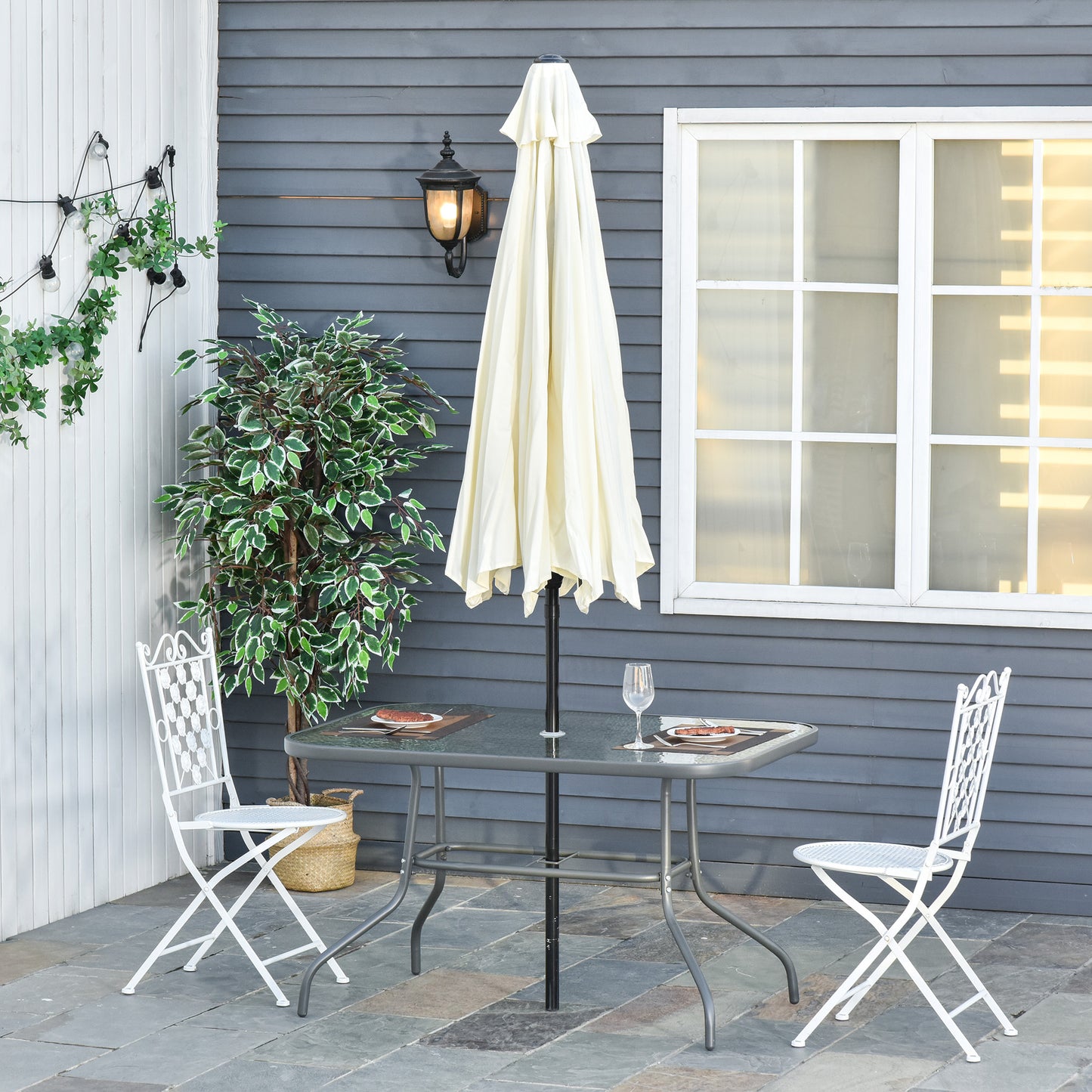 Metal Garden Dining Table Outdoor Patio w/ Glass, Umbrella Hole