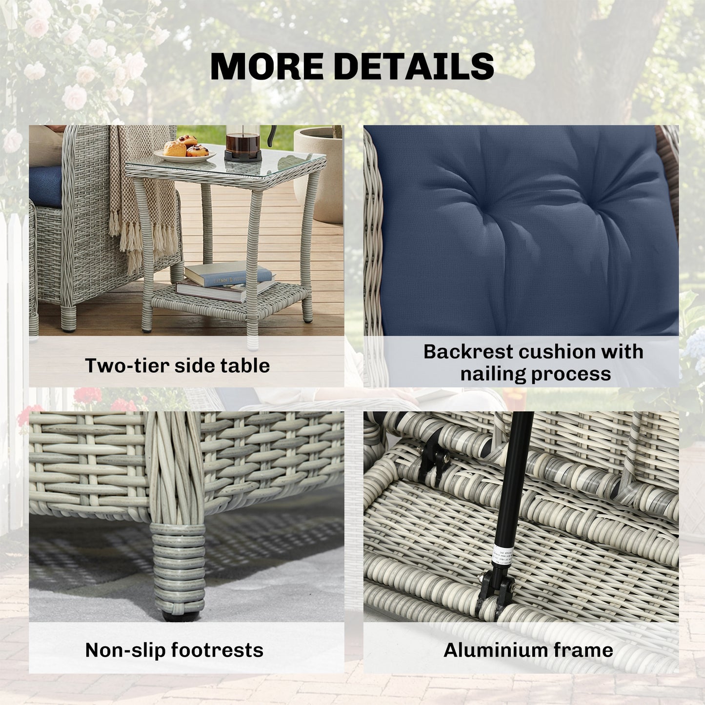 5 Piece Garden Furniture Set, Rattan Reclining Garden Chair Set of 2 with Footstool and Cushion , Dark Blue