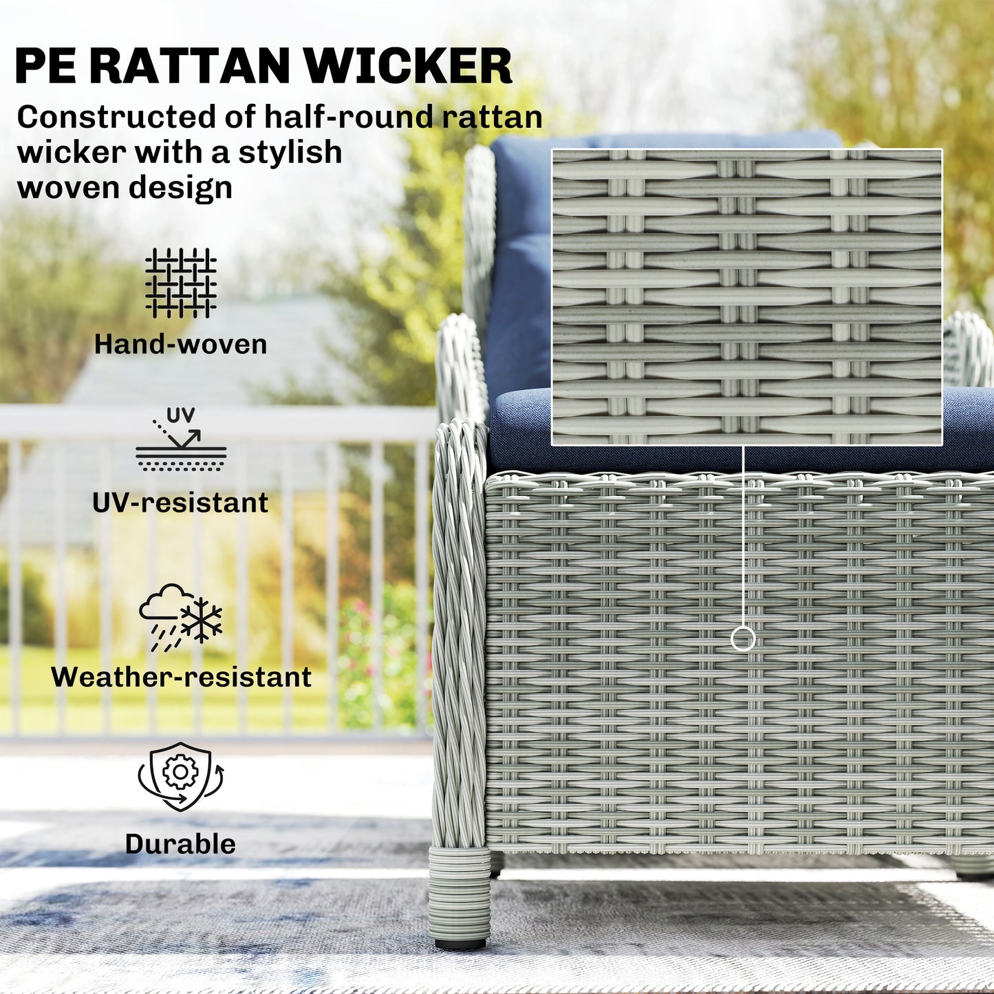 5 Piece Garden Furniture Set, Rattan Reclining Garden Chair Set of 2 with Footstool and Cushion , Dark Blue