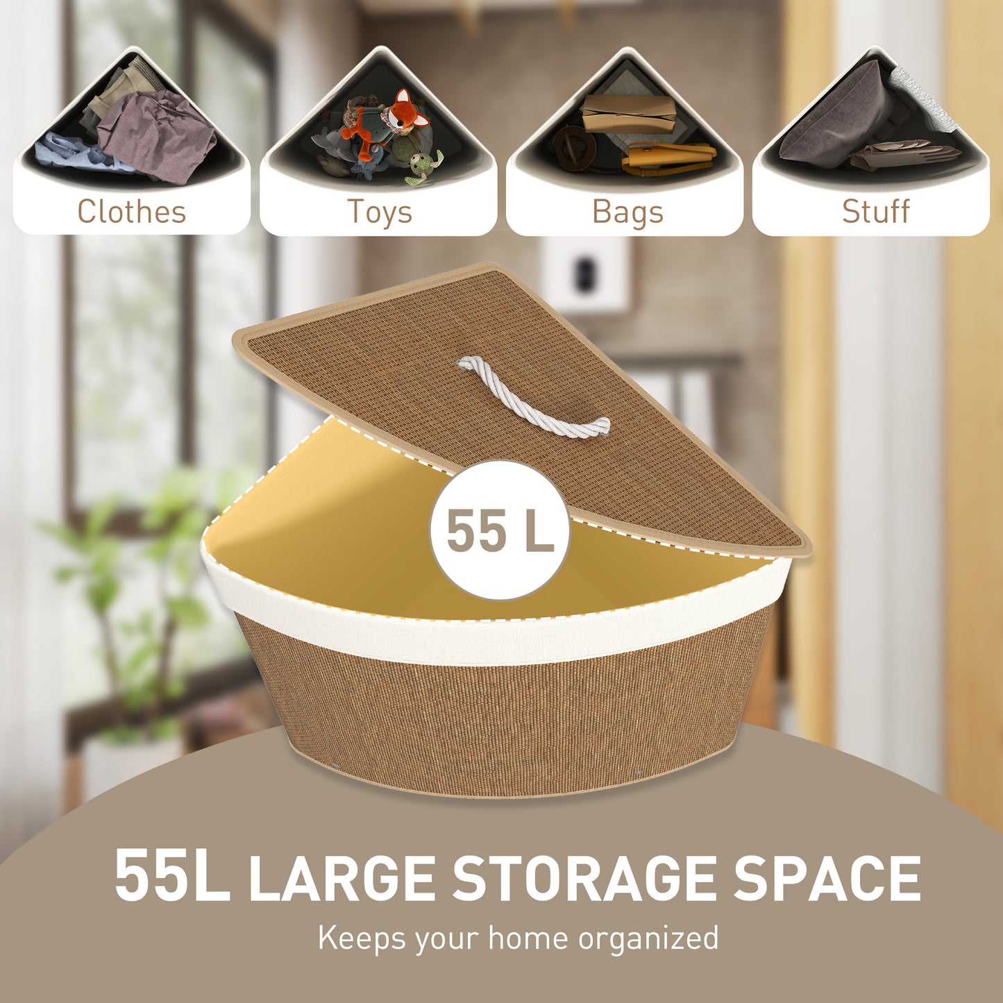 55L Laundry Hamper with Removable Washable Liner Bag, Brown