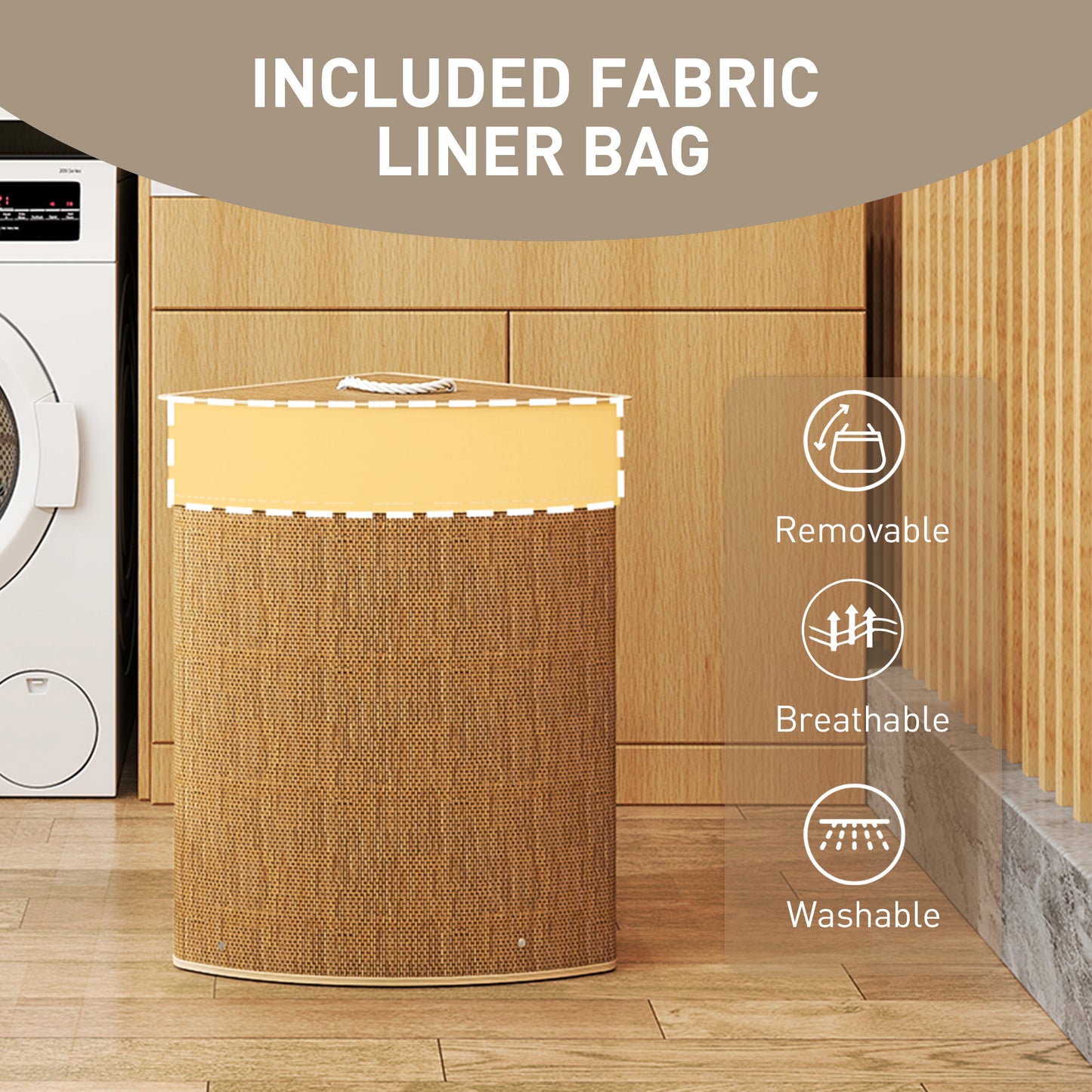 55L Laundry Hamper with Removable Washable Liner Bag, Brown