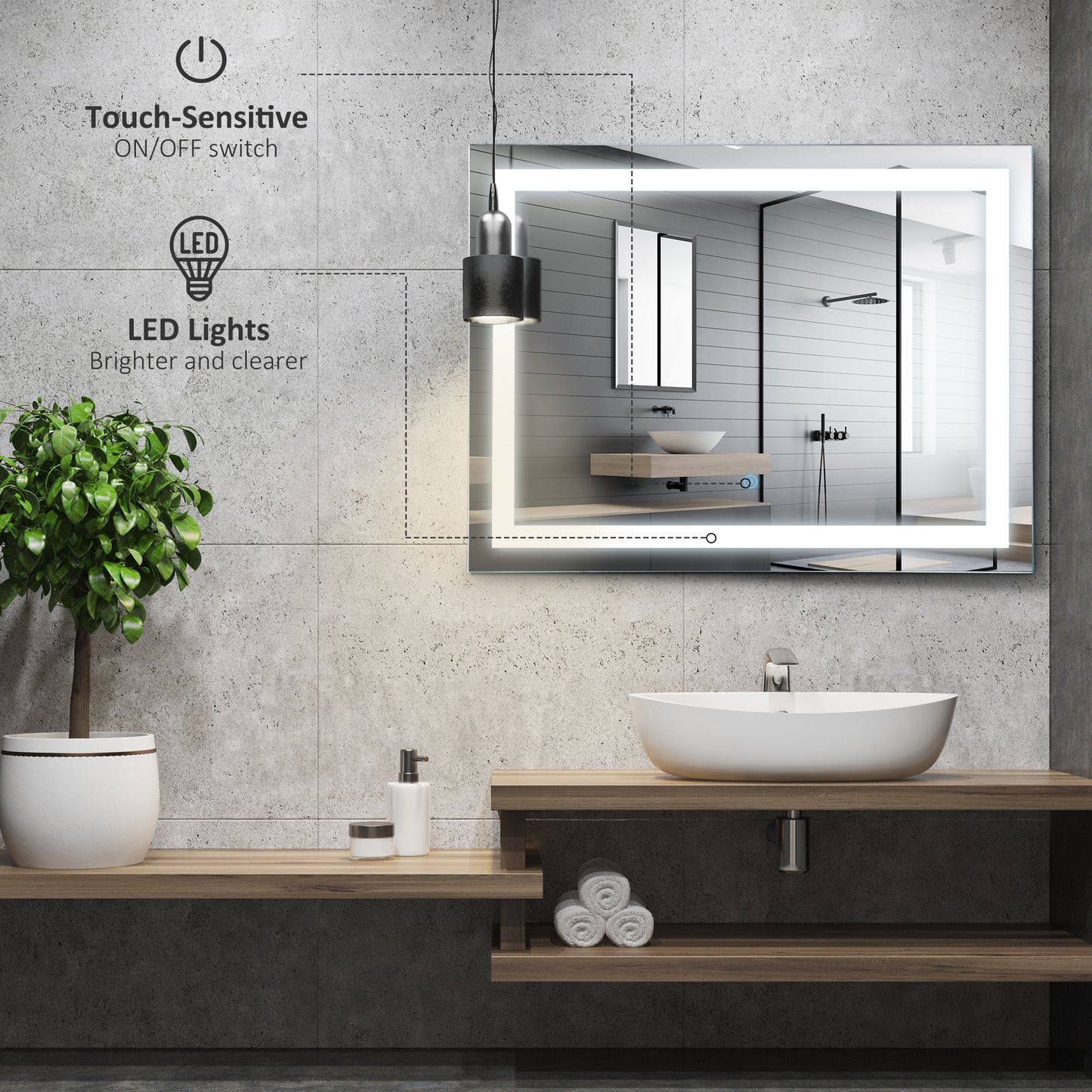 kleankin 80x60cm LED Bathroom Mirror Wall Mounted Vanity Illuminated w/ Touch Switch Accessories Home Furnishings