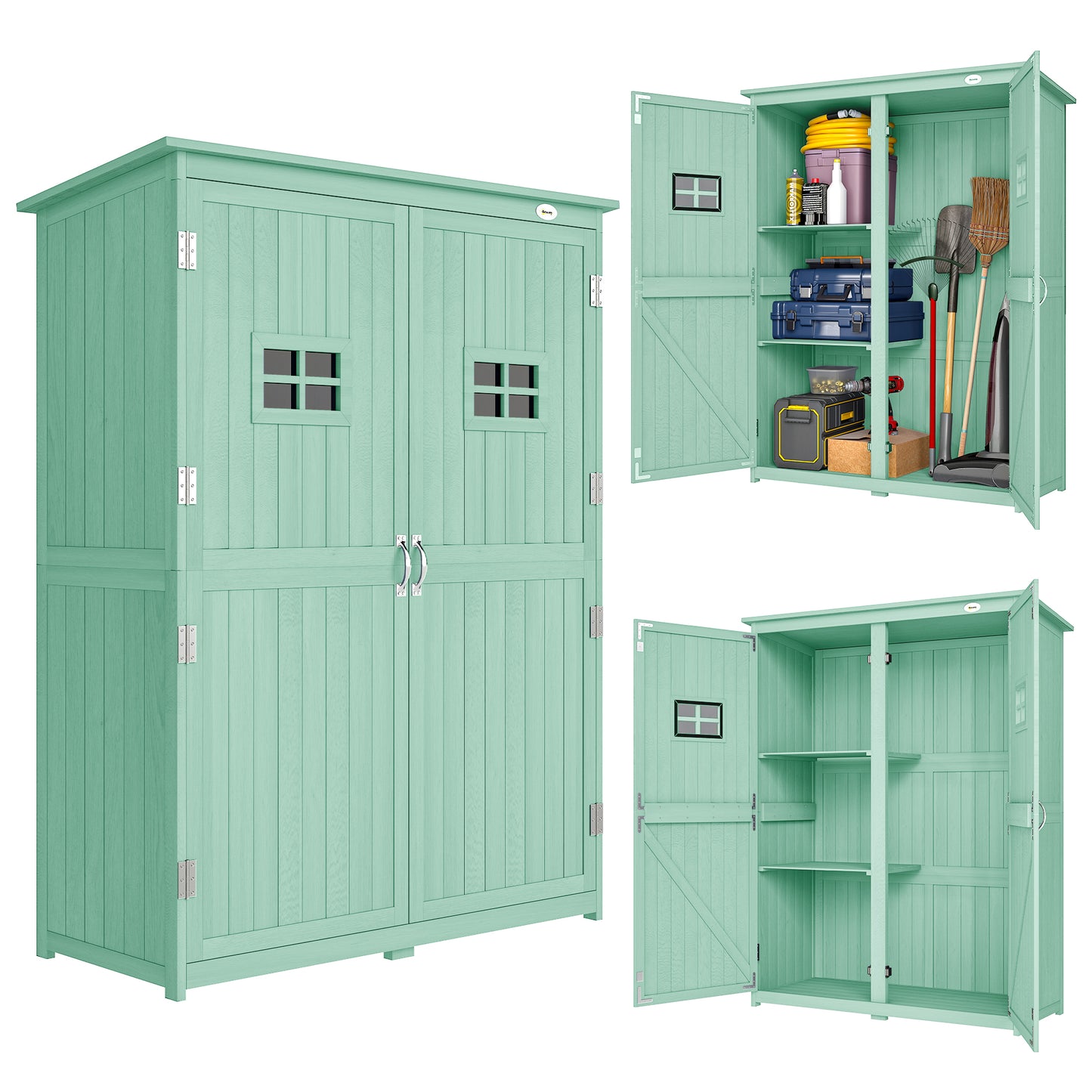 Wooden Garden Shed Tool Storage Cabinet Double Door Shelf Green