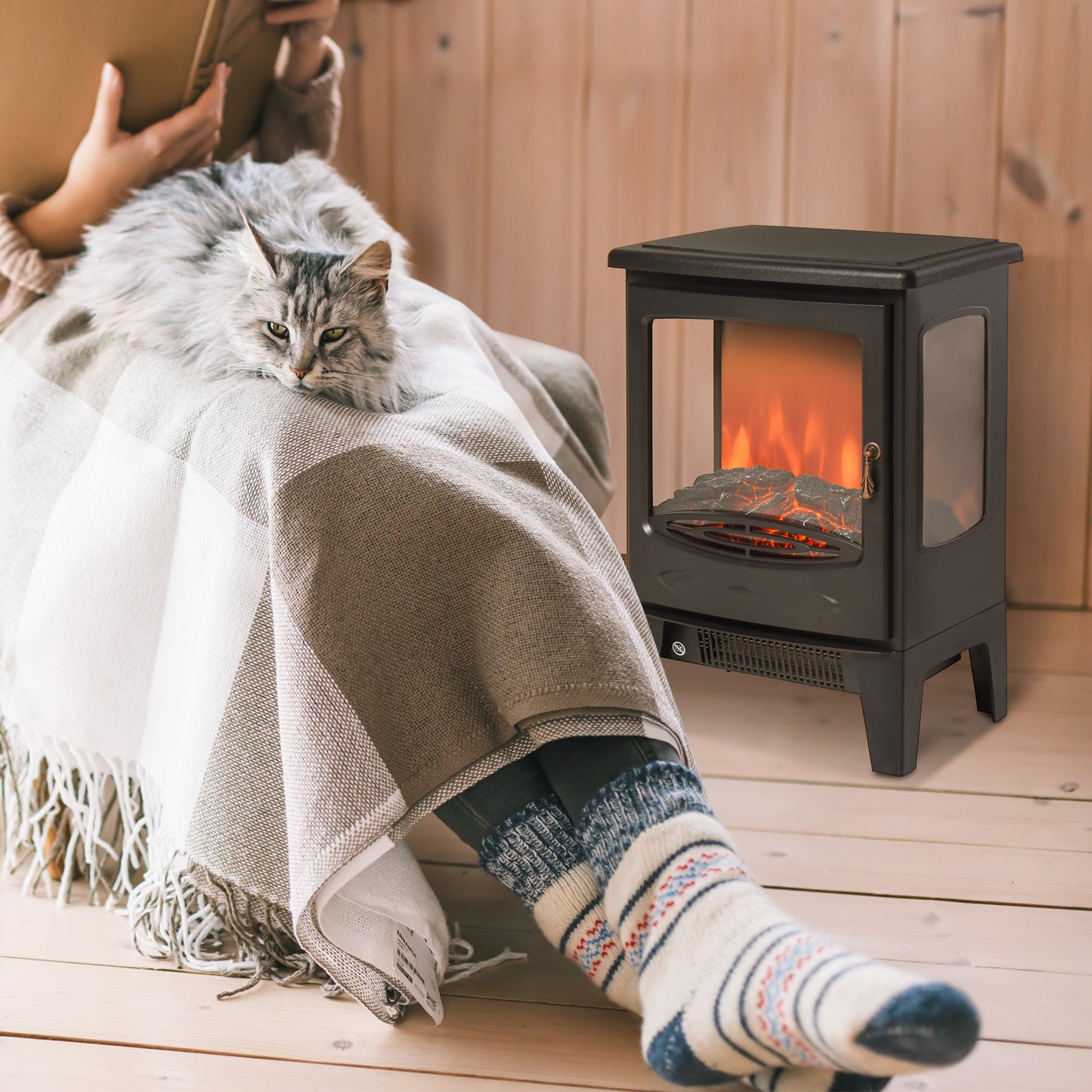 900W/1800W Freestanding Electric Fireplace w/ Adjustable Artificial Flame