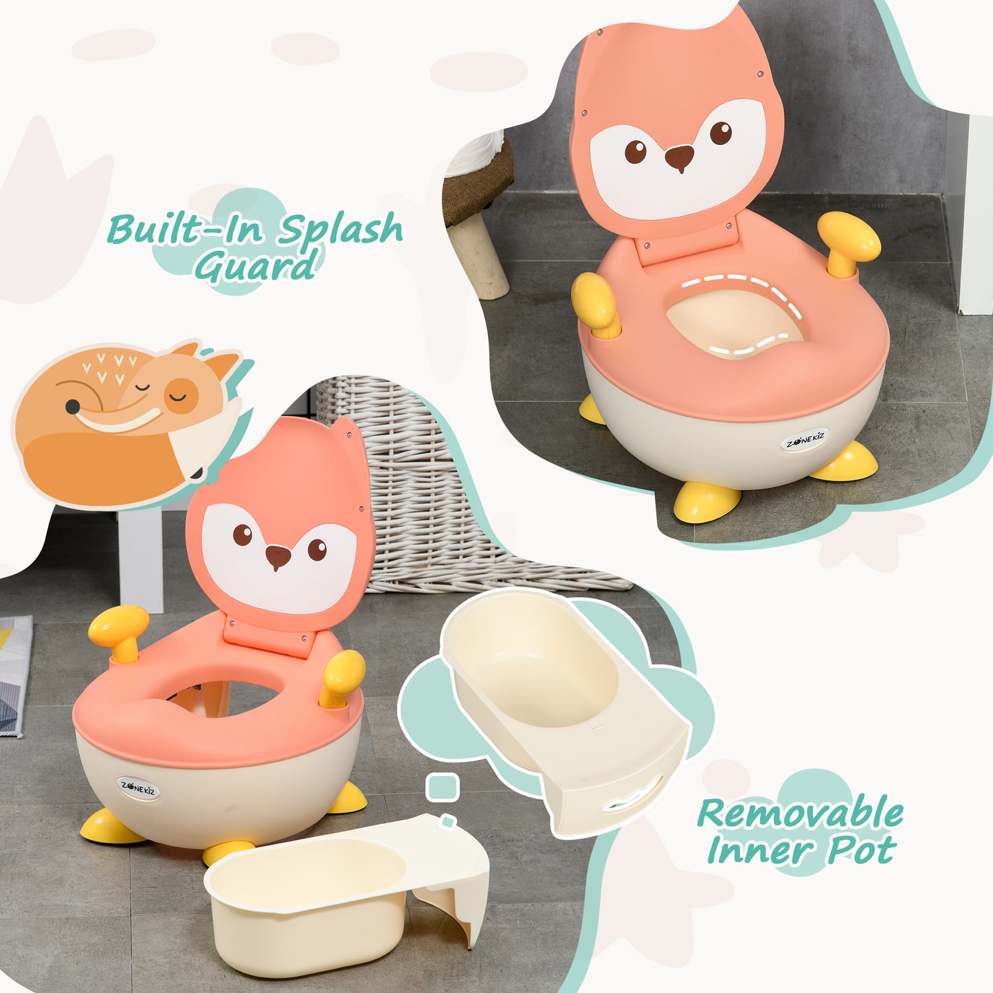 Baby Potty Training Toilet, Toddler Toilet Seat with Splash Guard, Backrest, Anti-Tip Feet, Side Handles, Easy to Clean, Portable Travel Potty for Boys and Girls 6 to 36 Months, Fox Shape