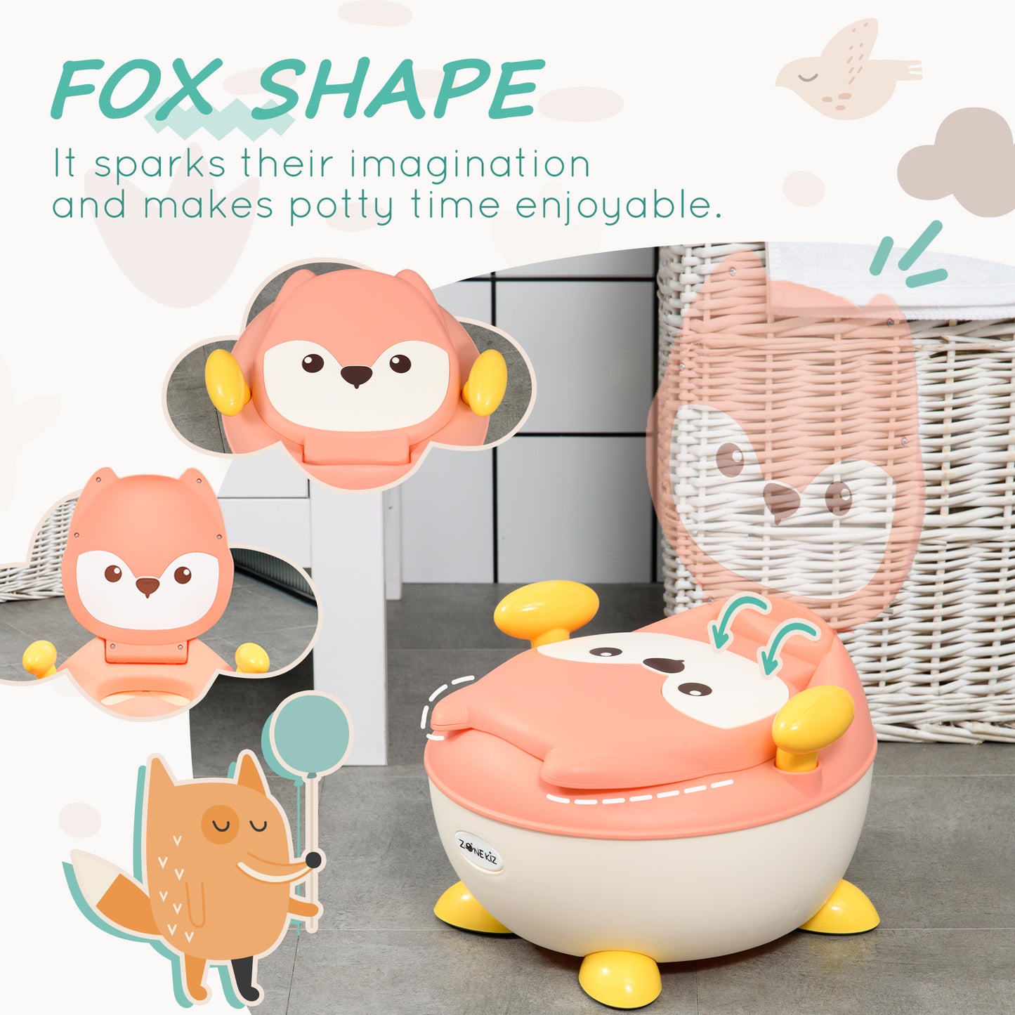 Baby Potty Training Toilet, Toddler Toilet Seat with Splash Guard, Backrest, Anti-Tip Feet, Side Handles, Easy to Clean, Portable Travel Potty for Boys and Girls 6 to 36 Months, Fox Shape