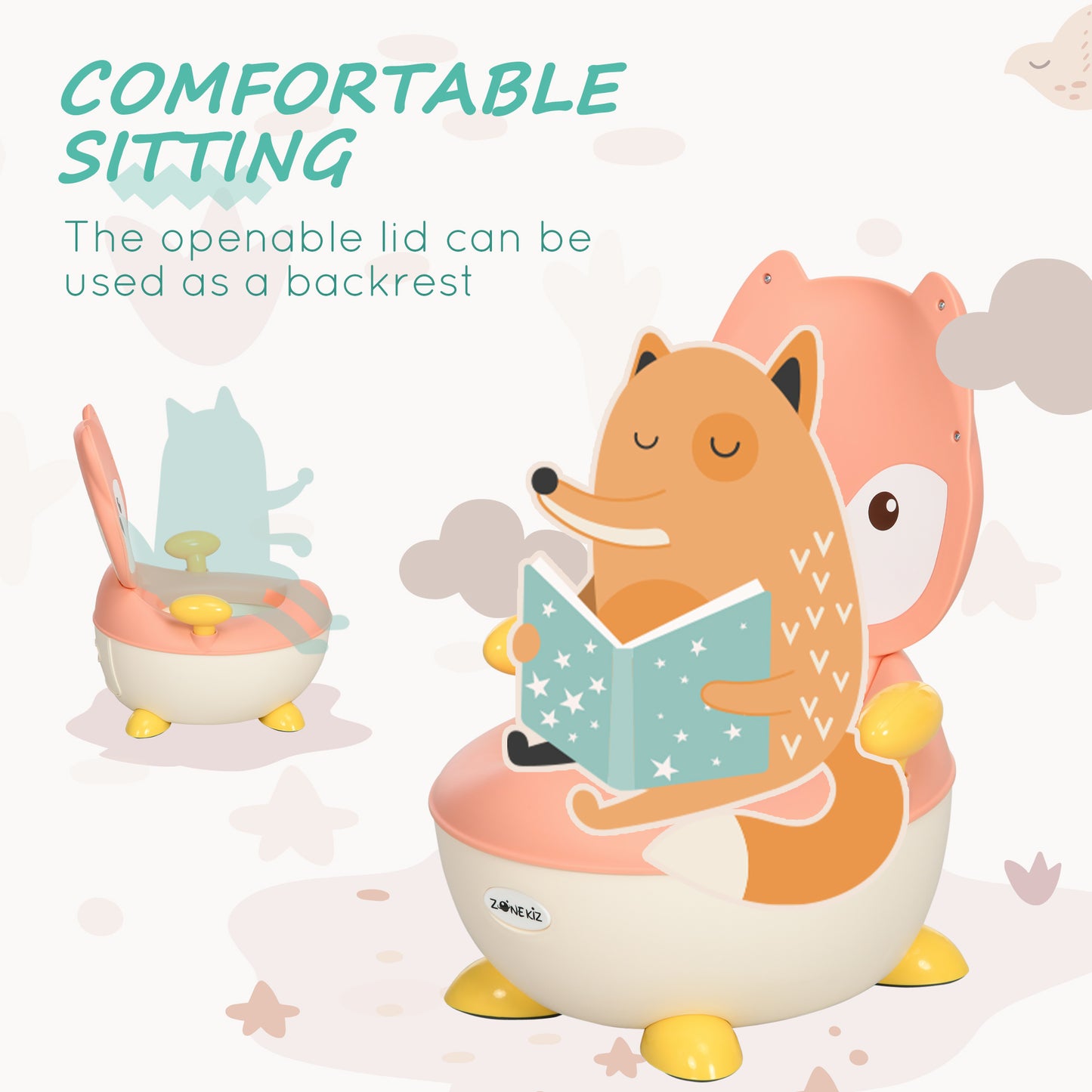 Baby Potty Training Toilet, Toddler Toilet Seat with Splash Guard, Backrest, Anti-Tip Feet, Side Handles, Easy to Clean, Portable Travel Potty for Boys and Girls 6 to 36 Months, Fox Shape