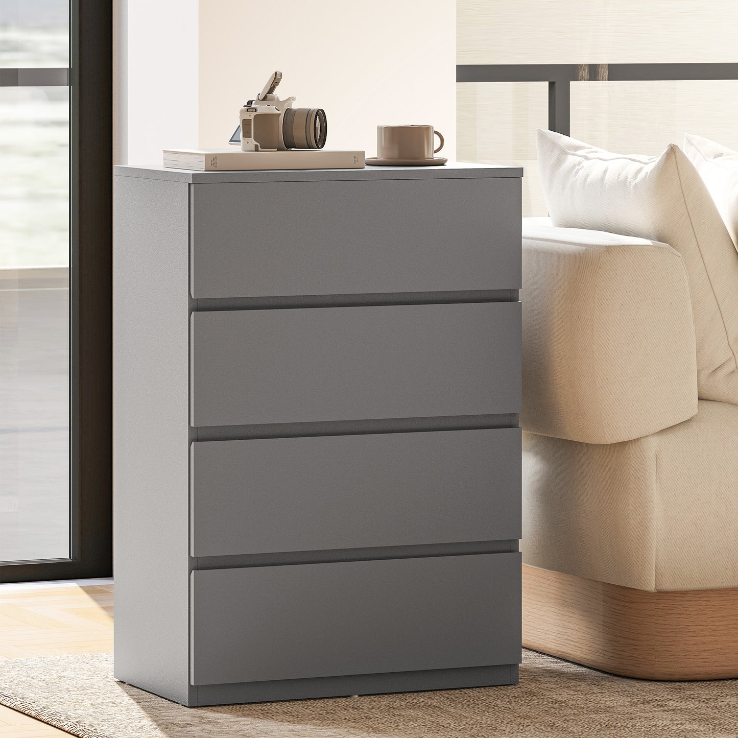 Bedroom Chest of Drawers, 4 Drawers Dresser, Drawer Unit, Grey